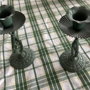 Vintage Pair of Green Candlesticks 6&quot; Metal Scalloped & Vine Flower  Design