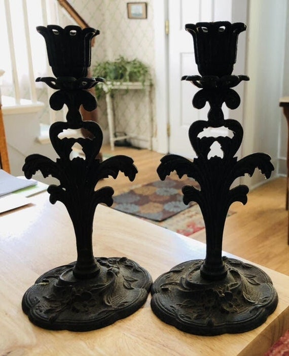 Vintage Pair Black Cast Iron Candle Holders 7 1/2" Fl… Gem