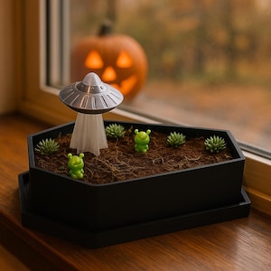 May include: A black planter shaped like a coffin, featuring a miniature alien scene. A silver UFO hovers above the soil, with small green alien figures and succulents. A carved pumpkin is visible in the background.