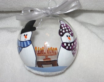 Two Snow People - Happy Hanukkah -  Personalized and Hand Painted