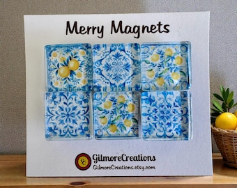 Set of 6 Square Glass Magnets  “Mediterranean Blue & Lemon Tiles”