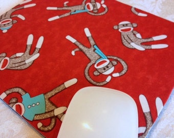 Mouse Pad, Computer Mouse Pad, Fabric Mousepad   Sock Monkeys