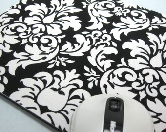 Mouse Pad, Computer Mouse Pad, Fabric Mousepad       Dandy Damask Black & White