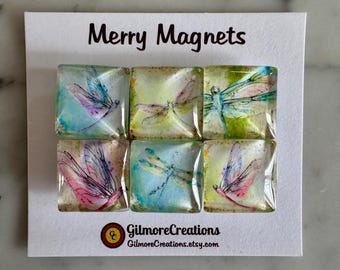 Set of 6 Square Glass Magnets  “Spring Dragonflies”