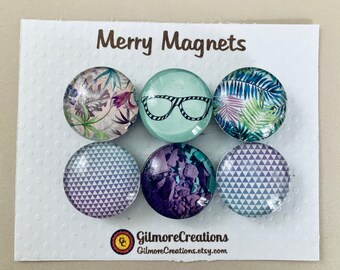 Set of Glass Fridge Magnets  "Cool Aqua & Purple”