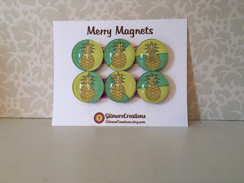 Set of Glass Fridge Magnets Pineapple on Lemon/Lime Geometrics image 2