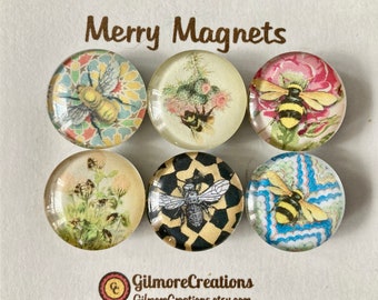 Set of Glass Fridge Magnets  "Bees & Flowers I”