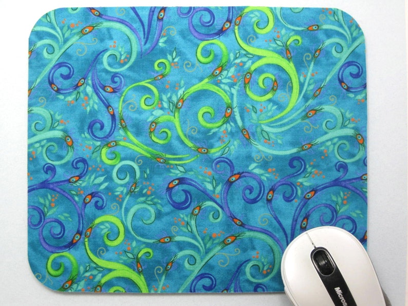 Mouse Pad, Fabric Mousepad Whimsical Peacock Feathers image 2