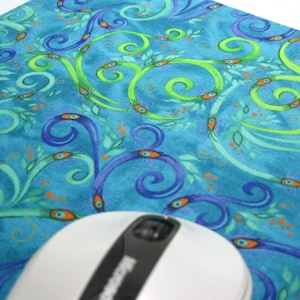 Mouse Pad, Fabric Mousepad    Whimsical Peacock Feathers