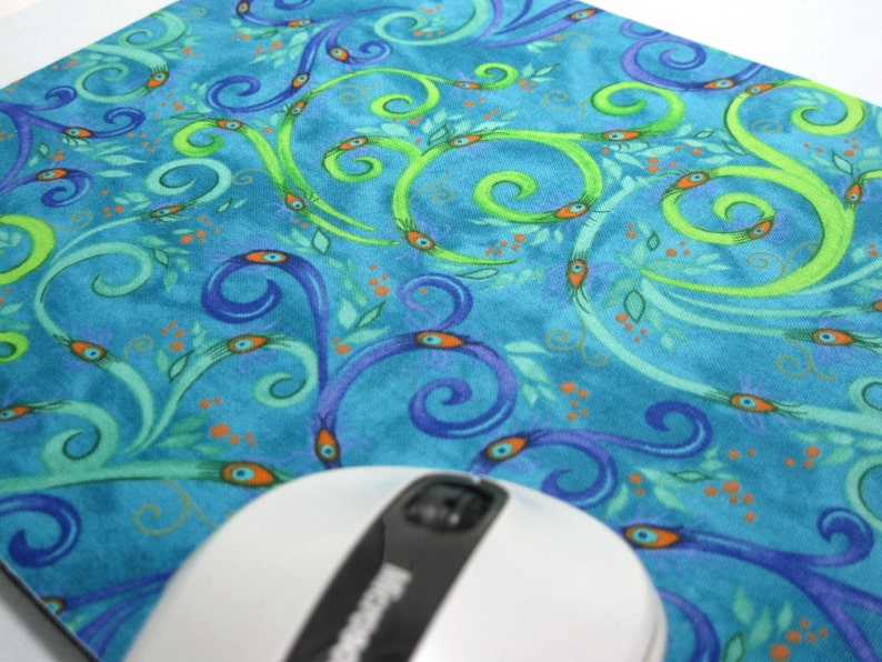 Mouse Pad, Fabric Mousepad Whimsical Peacock Feathers image 1