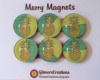 Set of Glass Magnets  "Pineapple on Lemon/Lime Geometrics"