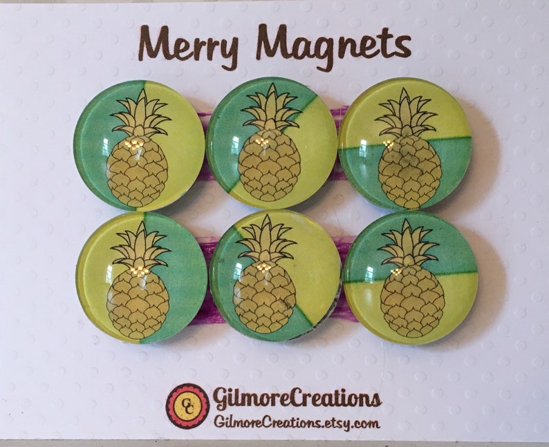 Set of Glass Fridge Magnets Pineapple on Lemon/Lime Geometrics image 1