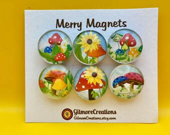 Set of Glass Magnets  "Whimsical Mushrooms"