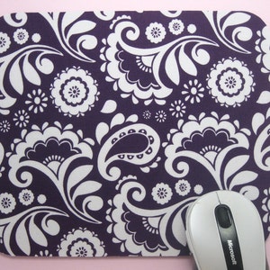 Mouse Pad, Computer Mouse Pad, Fabric Mousepad      Paisley & Flowers on Mulberry