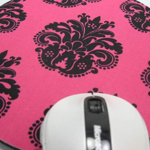 Mouse Pad, Computer Mouse Pad, Round Fabric Mouse Pad or Trivet      Black Damask on Fuchsia