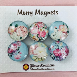 Set of Glass Magnets  &quot;Pink Peonies on Turquoise”
