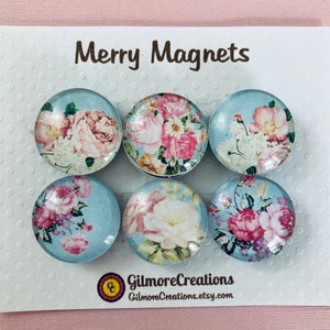 Set of Glass Fridge Magnets Pink Peonies in Turquoise image 1