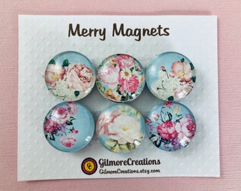 Set of Glass Magnets  "Pink Peonies on Turquoise”