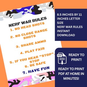 Nerf War Rules Sign – Printable Party Decor | 8.5x11” Instant Download | PDF JPG PNG | Nerf Birthday Party