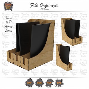 May include: A wooden file organizer with black dividers, designed for A4 paper. The organizer is shown in multiple views, highlighting its dimensions: 3mm (1/8 inch), 4mm, and 5mm. The design includes the text "File Organizer" and "A4 Paper".