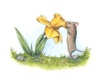 Signed Giclee Print - 5x7 - "Mouse with Daffodil" - George the Mouse in a Log Pile House
