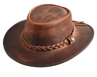 SideWinder Austrailian Genuine Leather Western Style Cowboy Hat Wide Brim Real Water Resistant Outback Vintage