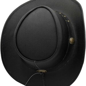 May include: A black cowboy hat with a rounded crown and a wide brim. The hat is made of a textured material and features decorative metal studs and a button on the side. A classic western style.