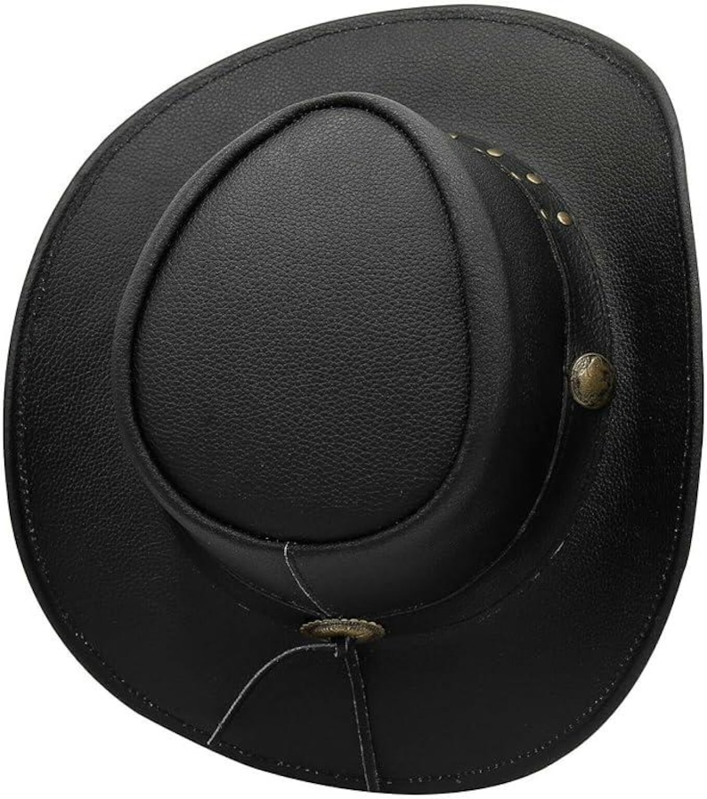 May include: A black cowboy hat with a rounded crown and a wide brim. The hat is made of a textured material and features decorative metal studs and a button on the side. A classic western style.