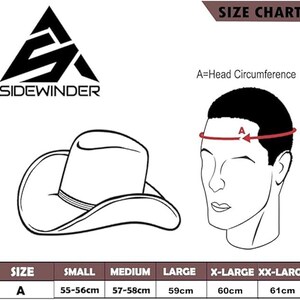 May include: A black and white illustration of a cowboy hat with the word "SIDEWINDER" above it. A size chart shows head circumference measurements in centimeters, ranging from 55cm to 61cm, with sizes from Small to XX-Large.