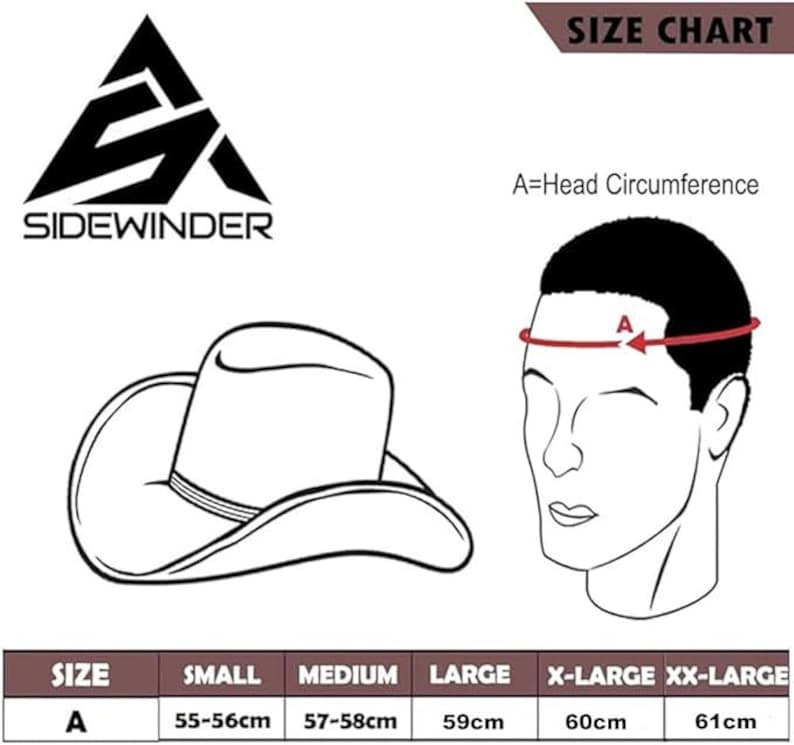 May include: A black and white illustration of a cowboy hat with the word "SIDEWINDER" above it. A size chart shows head circumference measurements in centimeters, ranging from 55cm to 61cm, with sizes from Small to XX-Large.