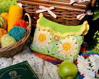 Daisy Crochet Book Sleeve / Handmade Kindle & Book Pouch / Spring Cottagecore Design