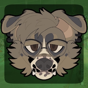 May include: A cartoon illustration of a dog's face with glasses. The dog has brown fur with darker spots and a light brown muzzle. The glasses are black-rimmed, and the background is a dark green square.