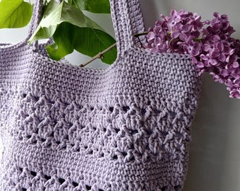 Bolso de mano de algodón tejido a crochet: Bolso de hombro de verano color lila claro