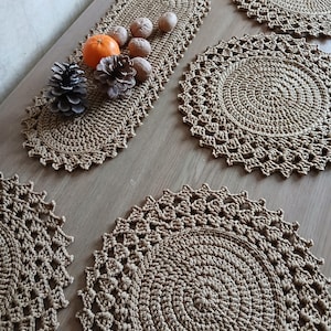 Crochet Round Placemats & Mini Oval Table Runner - Brown Table Decor
