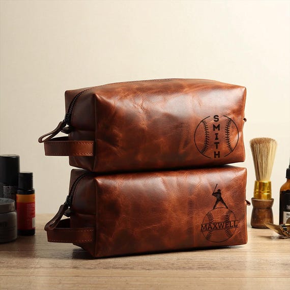 Personalized Baseball Player Gift, Leather Toiletry Bag Him