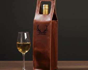 Personalized Leather Wine Bag Carrier – Engraved Wine Bottle Holder, Groomsmen Gift