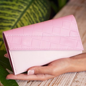 Cartera de cuero para mujer, cartera de mujer rosa compacta hecha a mano
