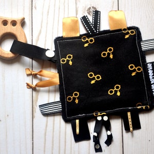Gender Neutral Crinkle Toy - With Beech Wood Toy - Boy Shower Gift - Ribbon Tag Blanket - Ribby Crinkle Crackle - Made With LICENSED FABRIC