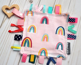 Baby Girl Crinkle Toy - With Beech Wood Toy - Boy Shower Gift - Ribbon Tag Blanket - Ribby Crinkle Crackle - OVER THE RAINBOW