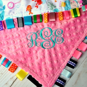 Personalized Tag Blanket  - Baby Girl Ribbon Lovey - Baby Girl Shower Gift - Blanket - Minky - Ribby Learning Lovey - MERMAID PARTY