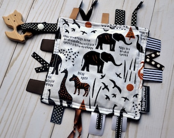 Gender Neutral Crinkle Toy - Baby Girl Gift - Boy Shower Gift - Ribbon Blanket - With Beech Wood Toy - Ribby Crinkle Crackle - SAFARI JUNGLE
