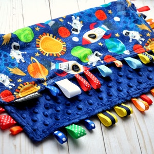 Ribby Tag Blanket - Baby Boy Shower Gift - Tag - Lovey - Personalized - Name - Embroidery - Ribby Learning Lovey - OUT IN SPACE