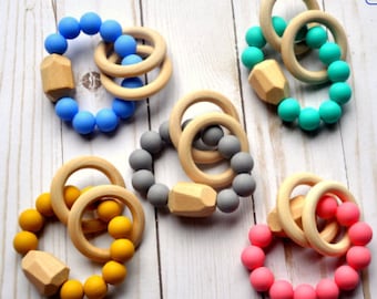 Silicone and Wood Bead Rattle - Natural Beech Wood Rings - Baby Boy Shower Gift Girl - Gender Neutral - Mustard - Blue - Gray - Teal - Pink