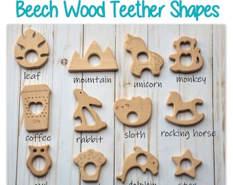 Beech Wood Teether Shapes - Natural Wood Teether - Whale - Elephant - Cactus - Mountain - Sloth - Heart - Flower - Unicorn -Wooden Teether