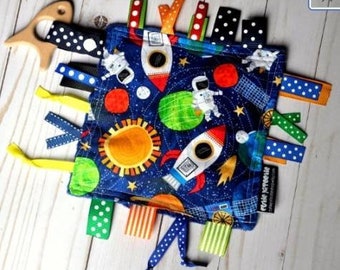 Space Crinkle Toy - With Beech Wood Toy - Boy Shower Gift - Ribbon Tag Blanket - Lovey - Ribby Crinkle Crackle - OUT IN SPACE