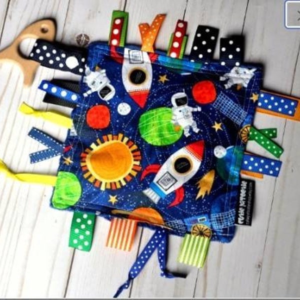 Space Crinkle Toy - With Beech Wood Toy - Boy Shower Gift - Ribbon Tag Blanket - Lovey - Ribby Crinkle Crackle - OUT IN SPACE