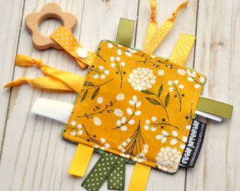 Baby Girl Crinkle Toy - Baby Shower Gift - Crinkle Tag Blanket - Lovey with Tags - Mini Ribby Crinkle Crackle - MUSTARD FLOWERS