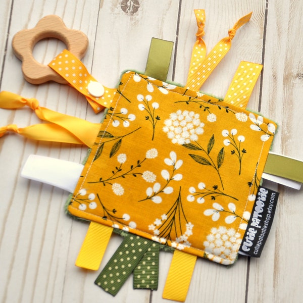 Baby Girl Crinkle Toy - Baby Shower Gift - Crinkle Tag Blanket - Lovey with Tags - Mini Ribby Crinkle Crackle - MUSTARD FLOWERS