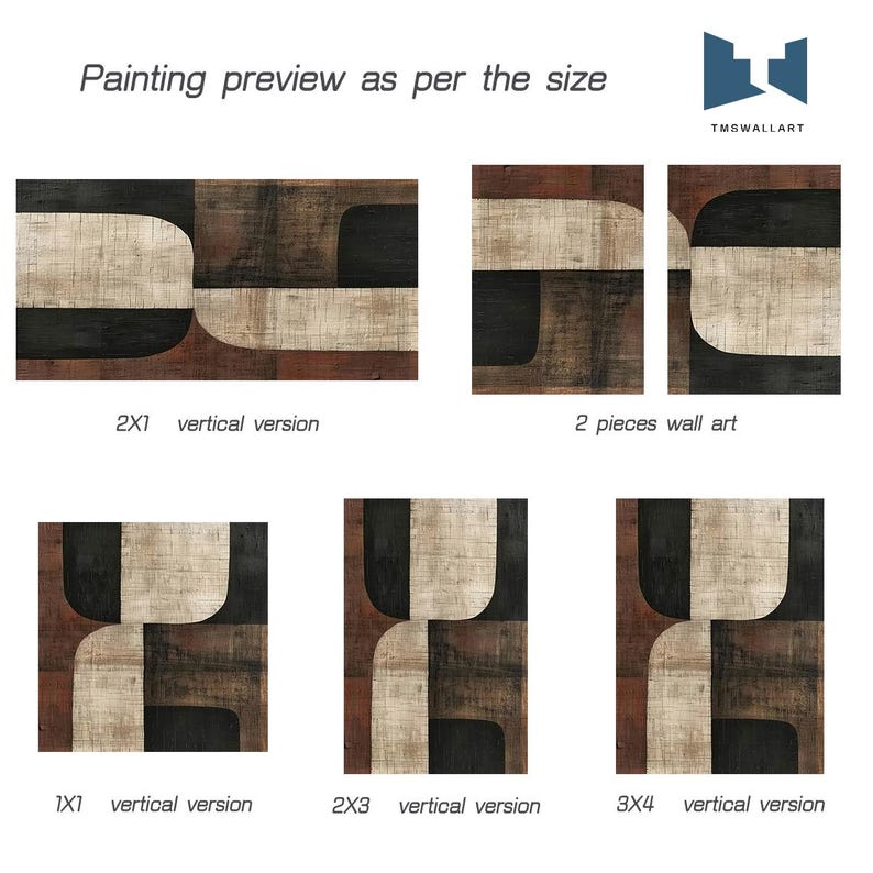 May include: Painting preview of a geometric abstract art print in black, brown, and beige colors. The image shows different sizes of the print, including 1x1, 2x1, 2x3, and 3x4. The text "TMSWALLART" is visible in the top right corner.