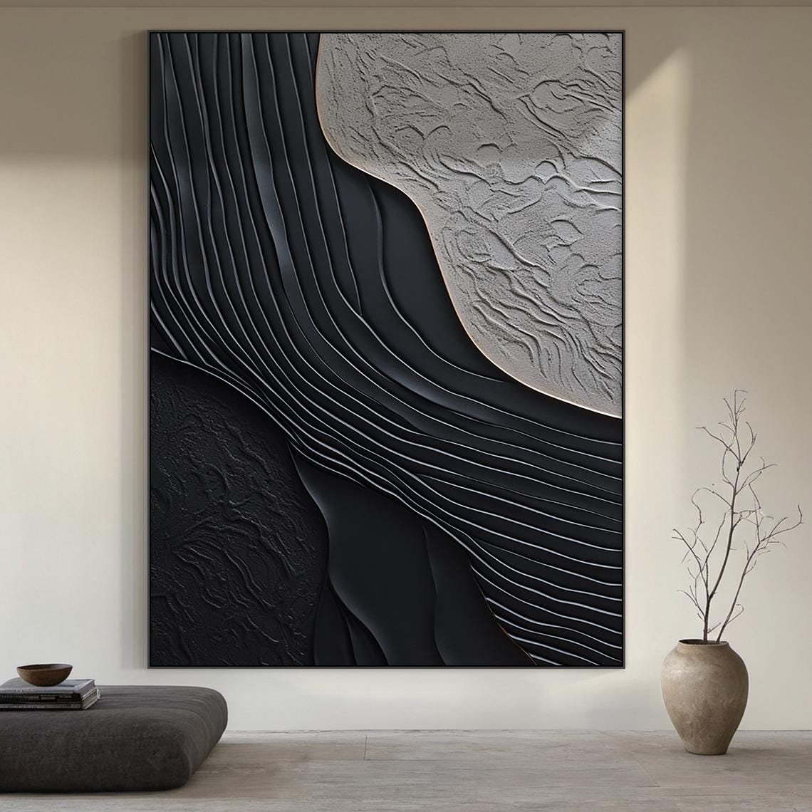 Black 3D Textured Minimalist Painting Grey Wall Art Black Minimalist ...